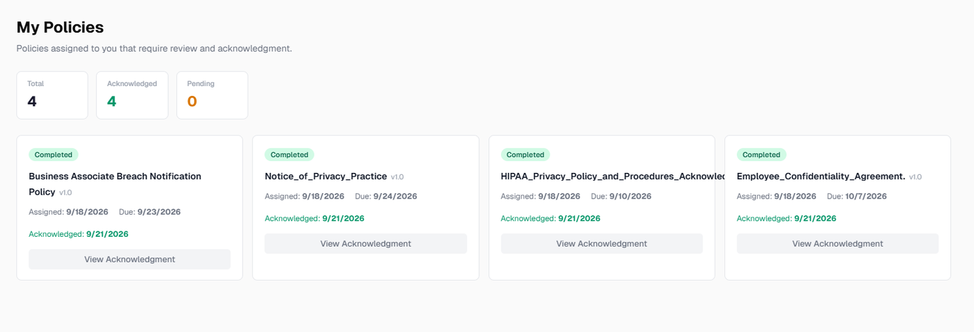 An employee's policies, each marked completed with the date acknowledged